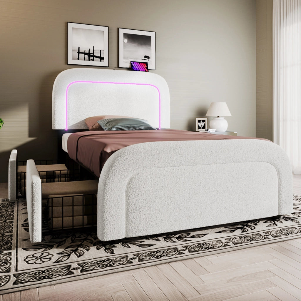LETTO 90x200 cm Sherpa Bianco con materasso incluso, LED, USB Type-C e 2 cassetti