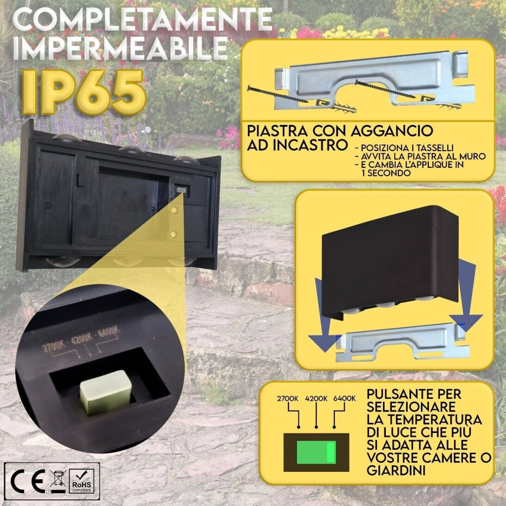 Applique lampada a LED da parete muro esterno e interno tonalità luce regolabile Nero 6W