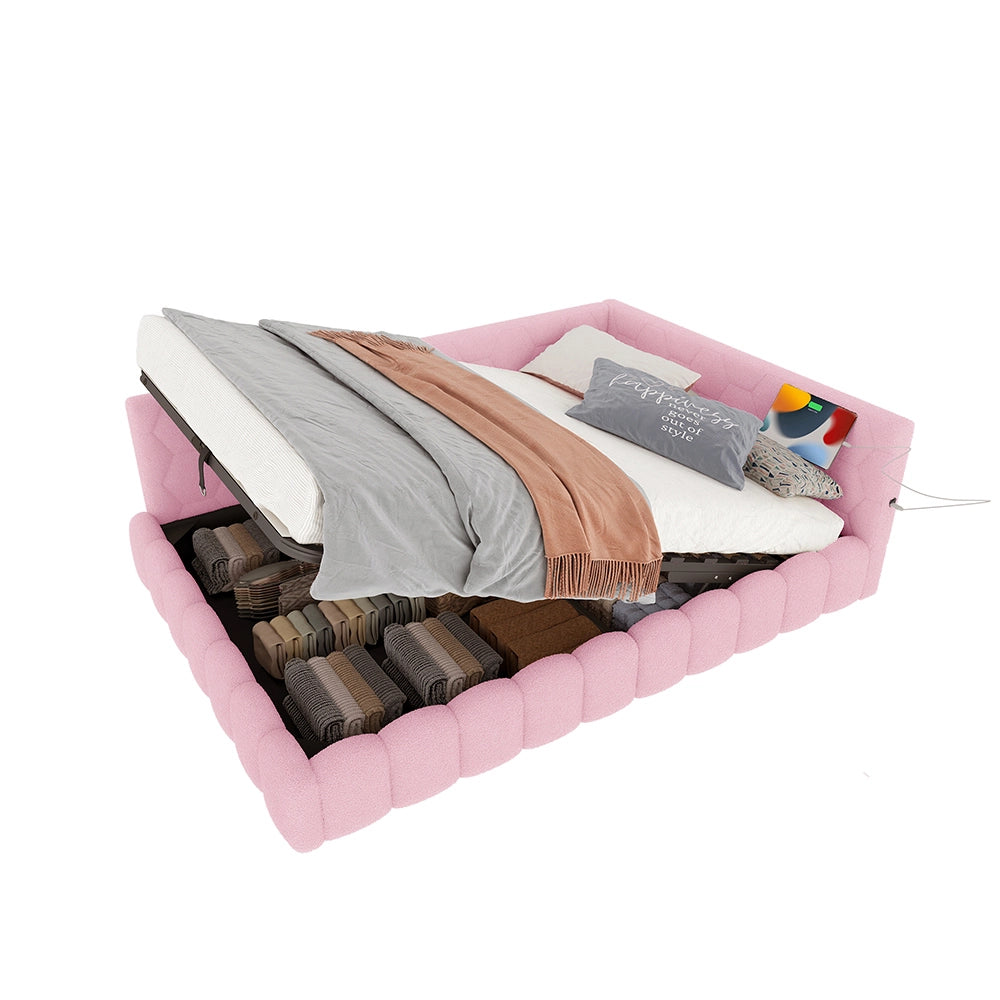 Letto giorno 140x200cm - Xylo - rosa, meccanismo idraulico, USB-C