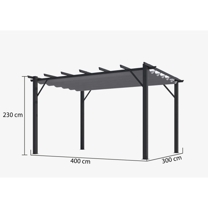 Pergola da giardino in alluminio 400x300 cm con telo scorrevole grigio 280g – tettoia autoportante design moderno – PER4030GN Foresta