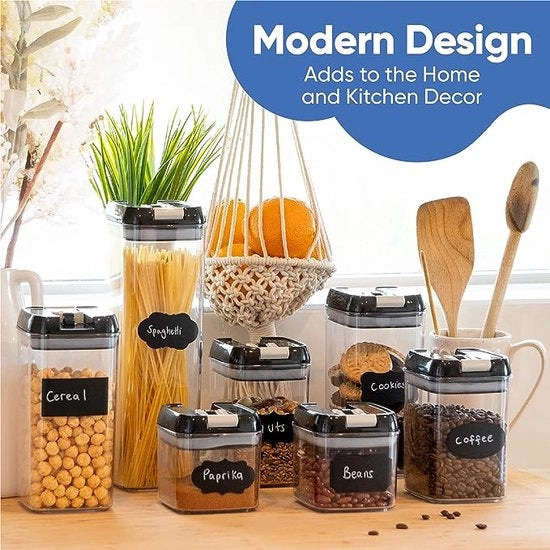 Set di contenitori a chiusura ermetica - Etichette e pennarelli - Contenitori di conservazione e contenitori - Ideale per conservare fiori, muesli e spaghetti e altro - Contenitori di conservazione in plastica con coperchio.