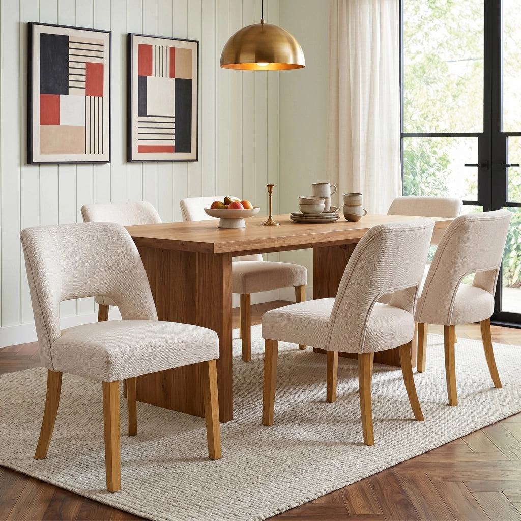 Sedie da Pranzo ¨C MINIMAL ¨C Tessuto Lino, Gambe in Legno Massello, Beige, Set 6 Pezzi