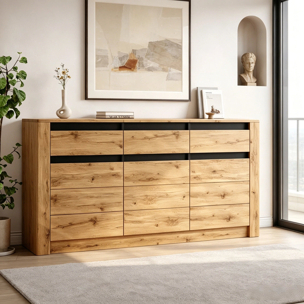 Credenza e madia con 3 cassetti e ripiani regolabili, per soggiorno e ingresso, in truciolare, naturale, 135 × 35 × 70 cm