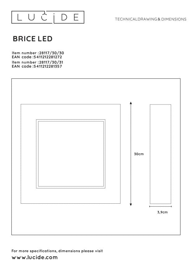 Plafoniera LED Lucide Brice quadrata 30cm 30W 3000K IP44