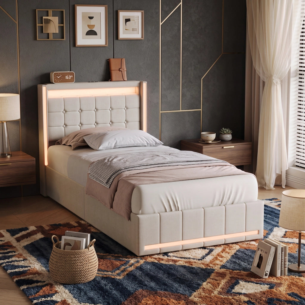 Letto singolo 90x200 cm con contenitore e LED  struttura letto con testiera e USB  letto contenitore in acciaio-beige