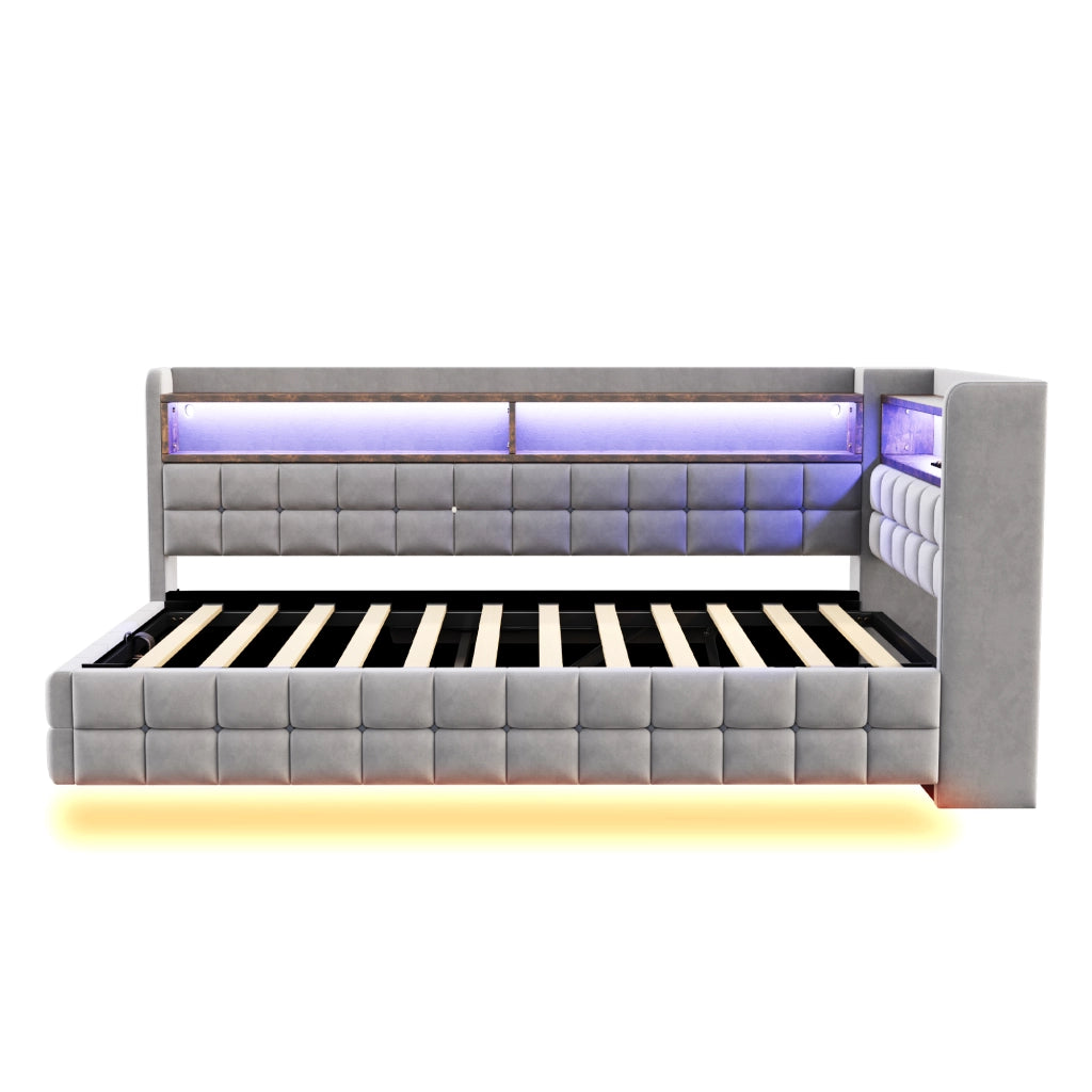 Divano letto imbottito 90x200 cm con LED; prese USB e vano contenitore; grigio chiaro
