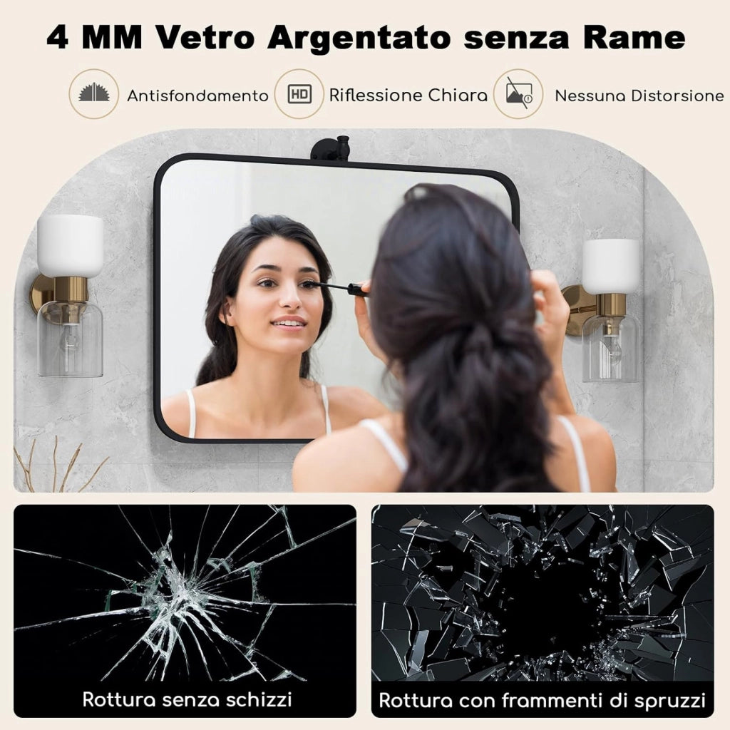 Specchio Rettangolare da Parete 76,5 x 66,5 cm, Specchio da Bagno con Cornice in Metallo, con Staffe da Parete in Stile Rustico, Ideale per Bagno Soggiorno Ingresso, IP44