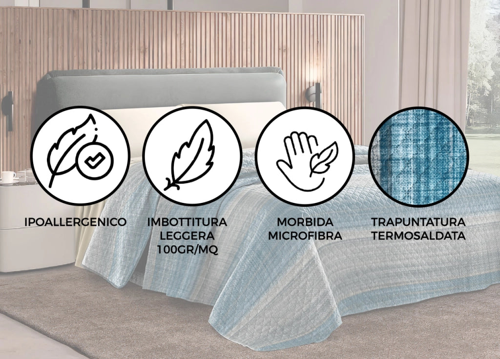 Copriletto Trapuntato Challenge Stampato In 100% Morbida Microfibra Dis.Righe - 2 Piazze - Blu