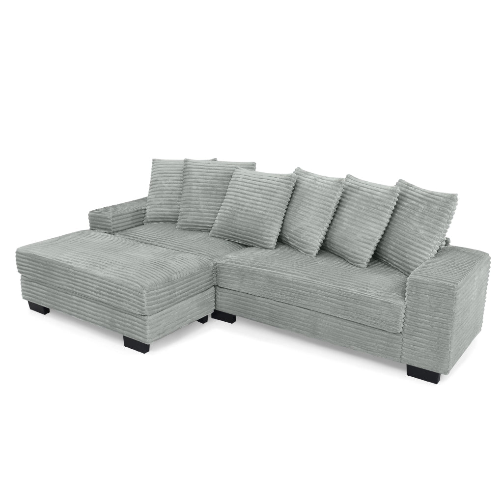 Divano angolare reversibile 4 posti con chaise longue e 6 cuscini in velluto a coste grigio 256,5 × 133,5 × 89 cm