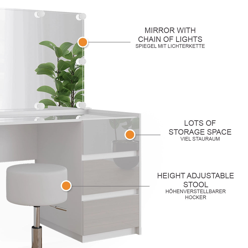 Vicco Tavolo da toilette Bianco lucido 120 cm con specchio, sgabello, luci fiabesche a LED
