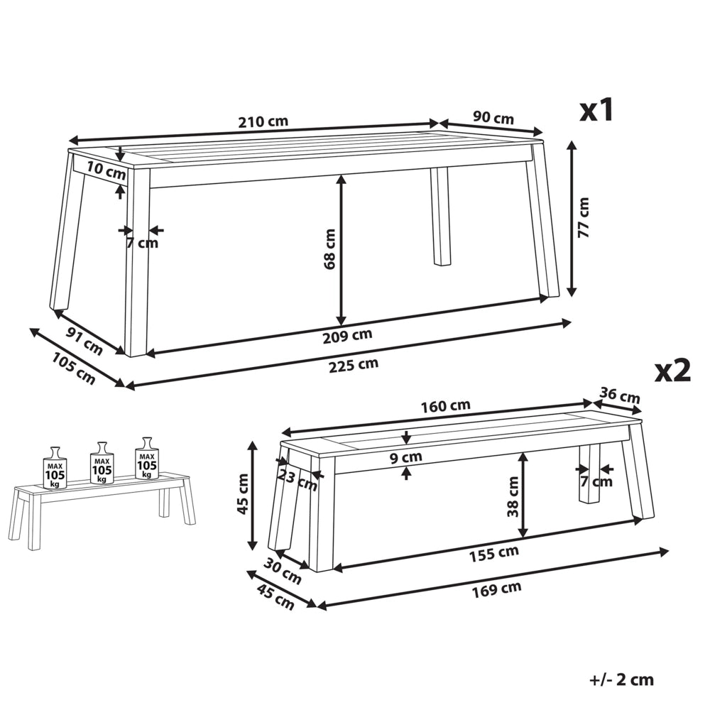 Set da pranzo da giardino 3 pezzi Tavolo rettangolare in legno di acacia laminato 2 panche Design rustico per interni ed esterni
