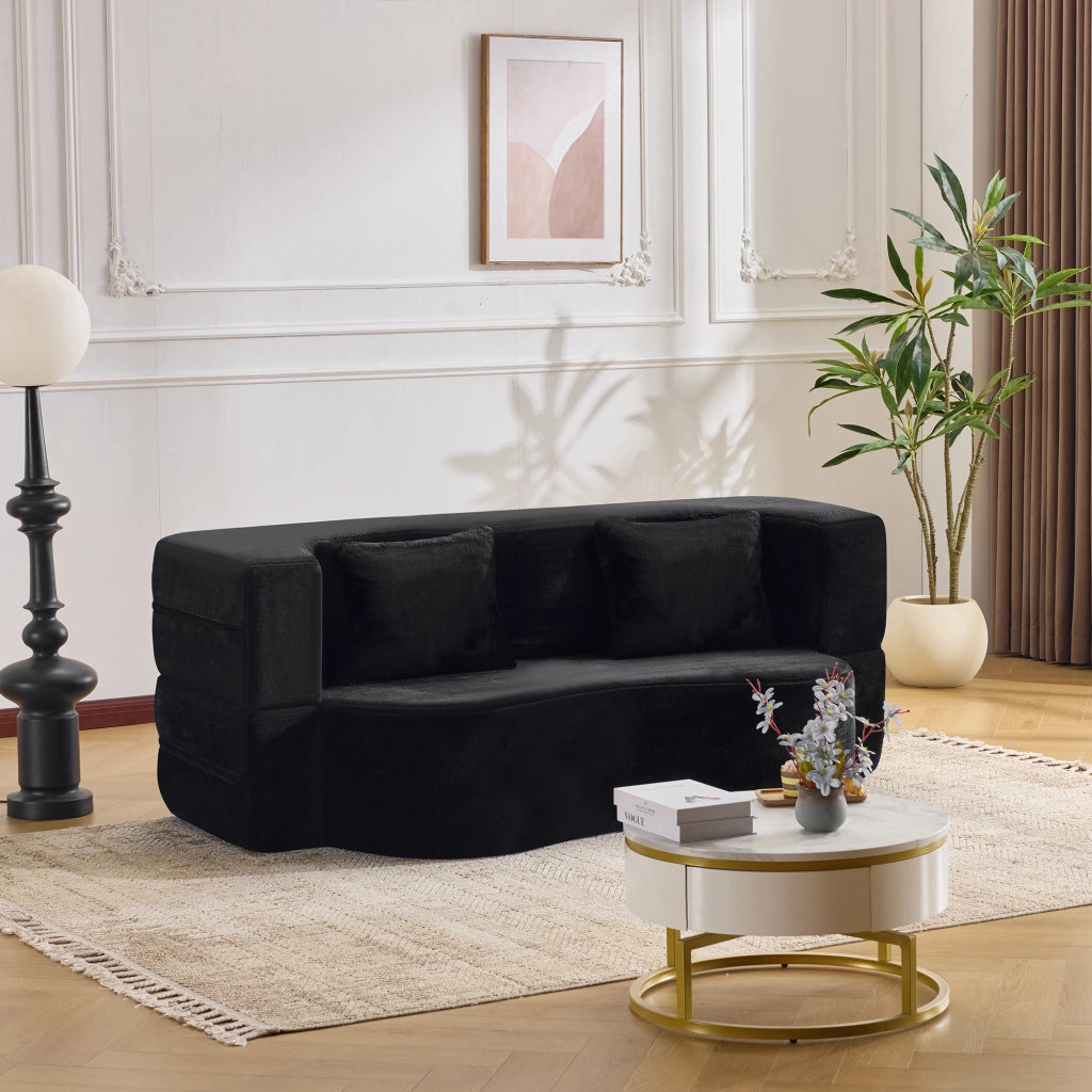 Divano letto pieghevole 2 posti con funzione letto e 2 cuscini in tessuto effetto peluche nero