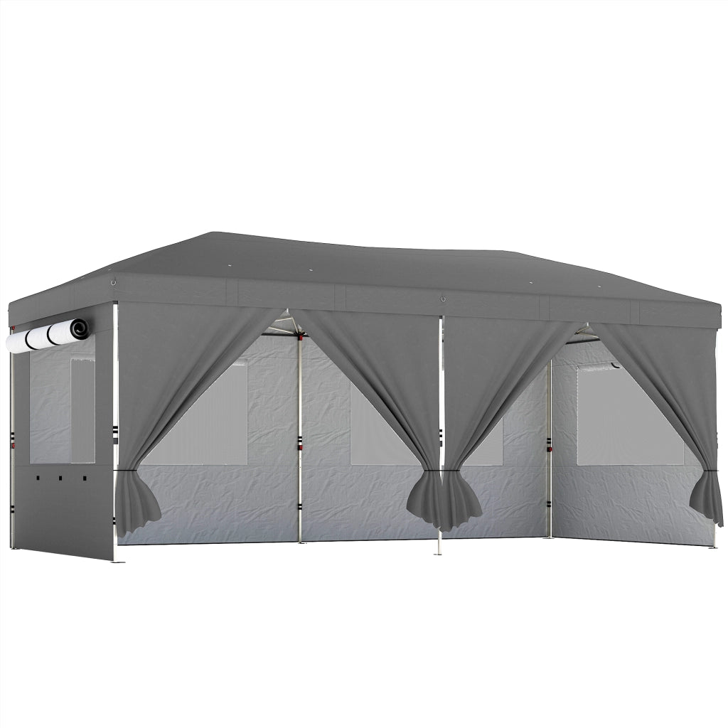 Gazebo Pieghevole 590x297x285 cm Pop Up con 6 Pareti Laterali Sacchi di Sabbia e Borsa  in Tessuto UV50+ Grigio Scuro