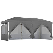 Gazebo Pieghevole 590x297x285 cm Pop Up con 6 Pareti Laterali Sacchi di Sabbia e Borsa  in Tessuto UV50+ Grigio Scuro
