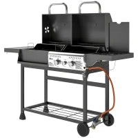 Barbecue a Carbone e Gas con 3 Bruciatori e Coperchio, Termometro, Ruote e Ripiani, Nero