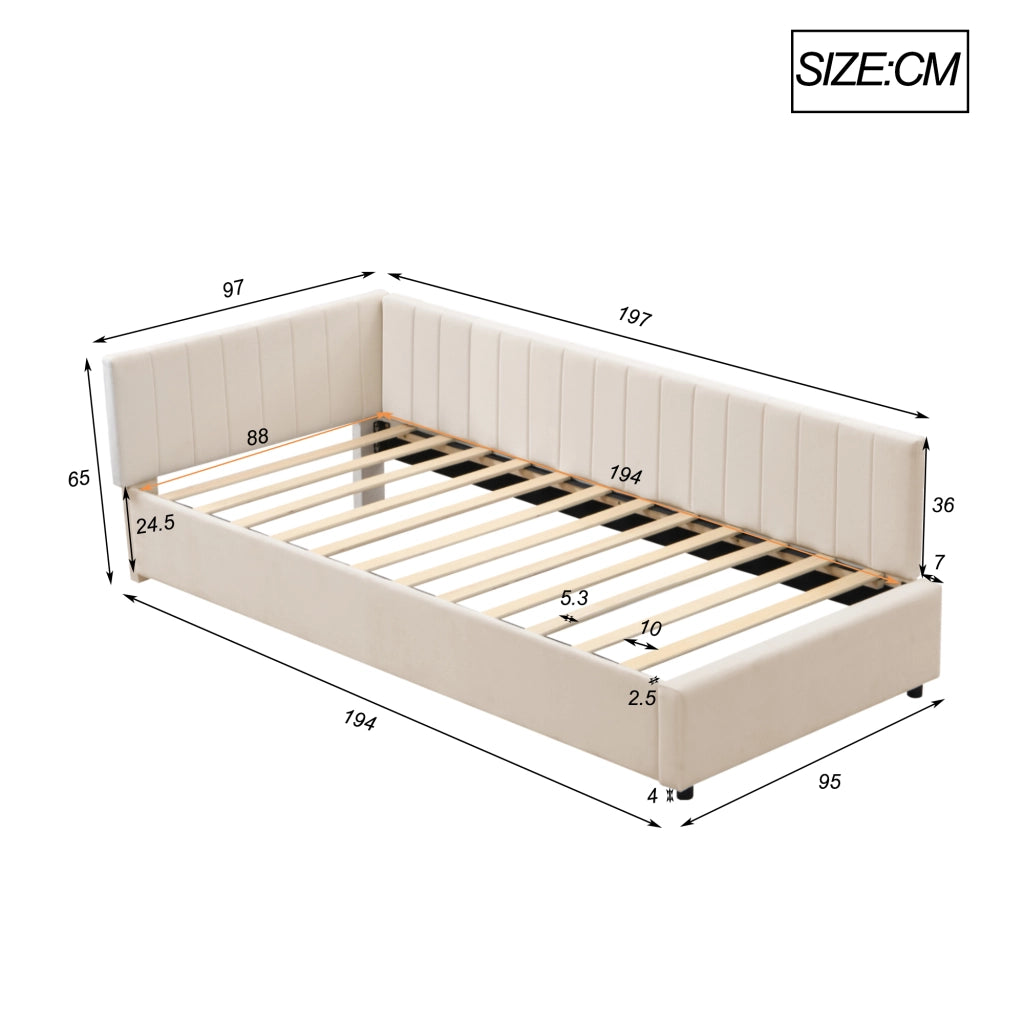 OKWISH Letto Divano 1 Posto, Schienale Reversibile, Testiera Imbottita e Velluto, 90 x 200 cm, senza Materasso, Beige