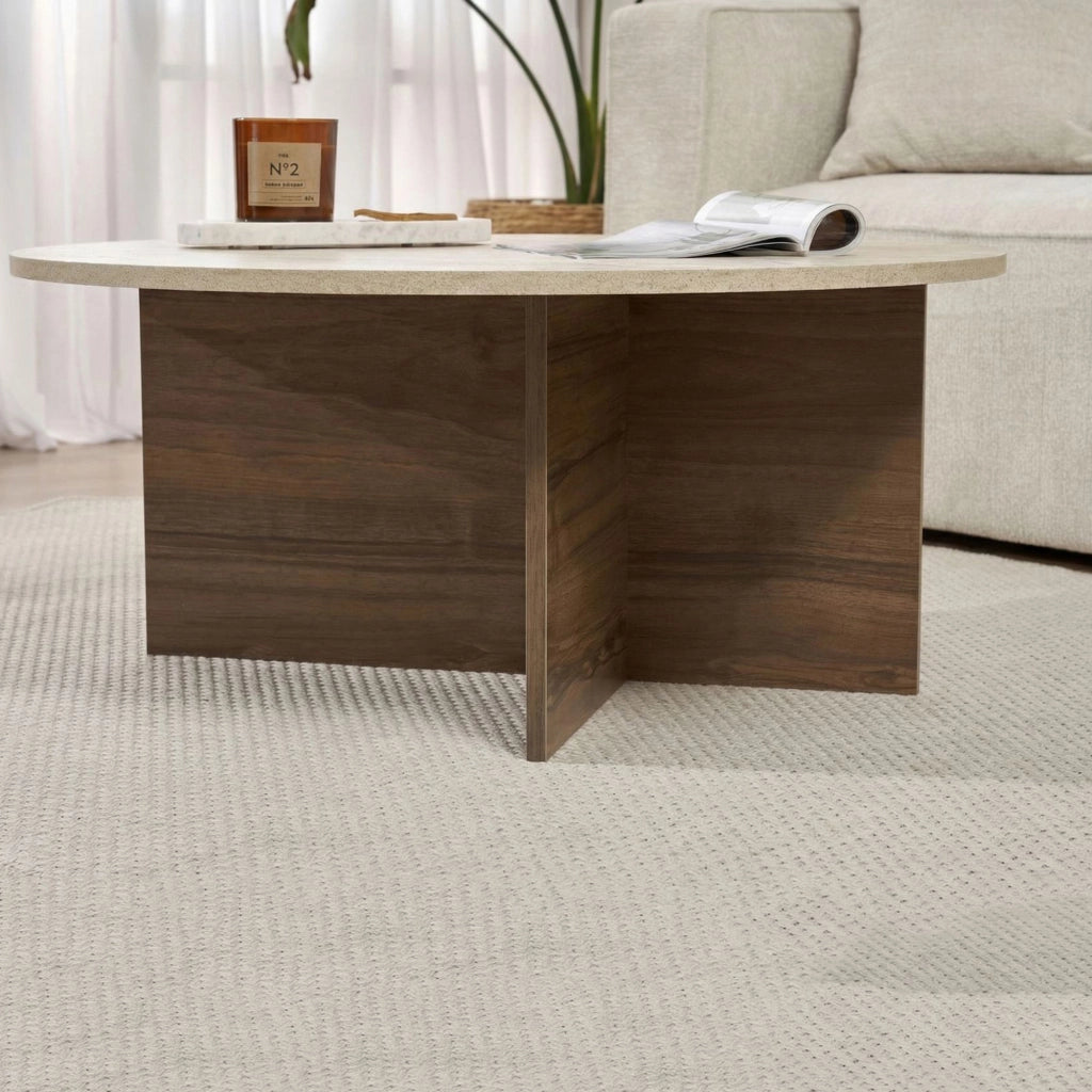 Simbario, Tavolino da Salotto Forma Ovale, 90x90x40h cm Marrone Noce