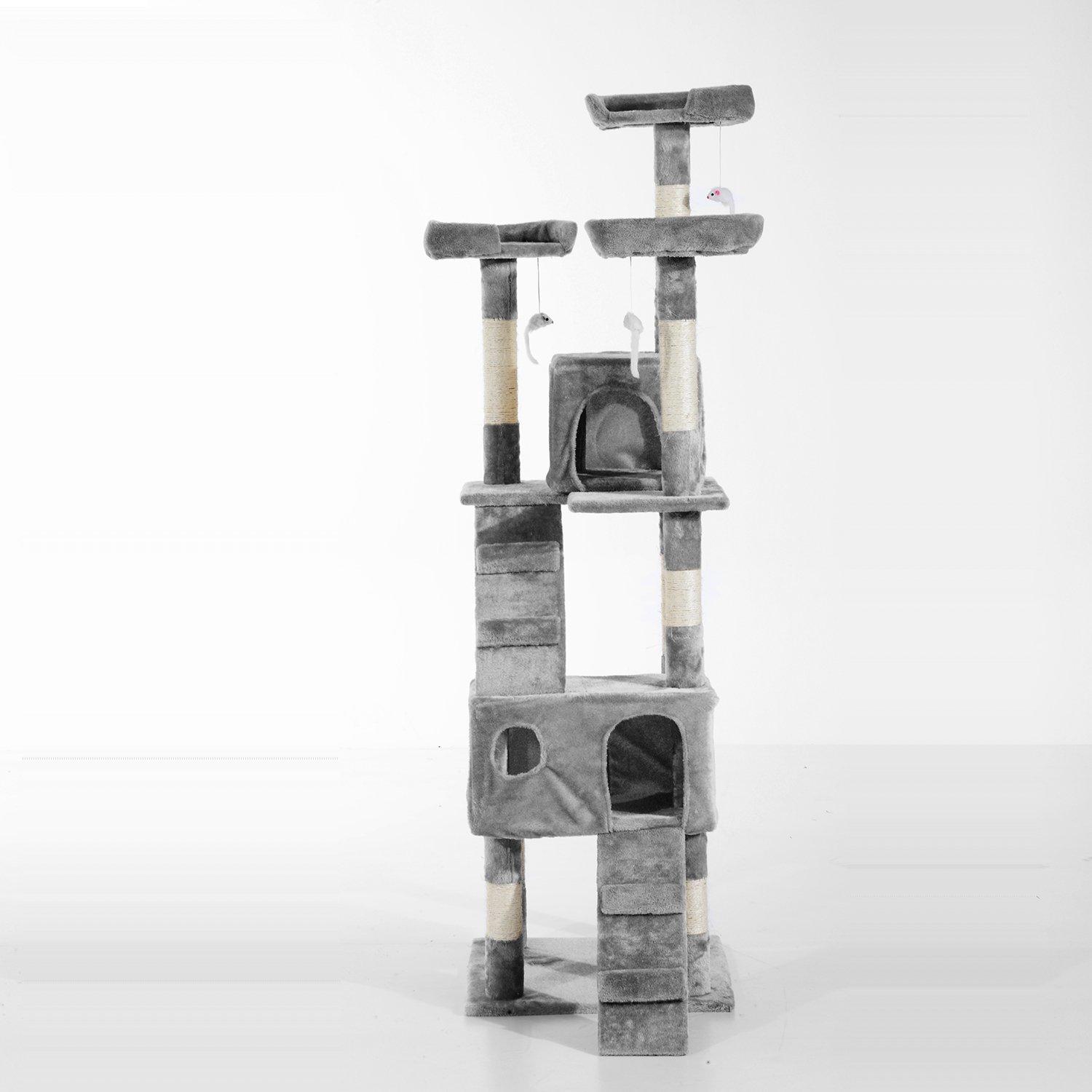 Albero Tiragraffi per Gatti con Due Cucce in Peluche e Sisal Grigio 50x50x170 cm