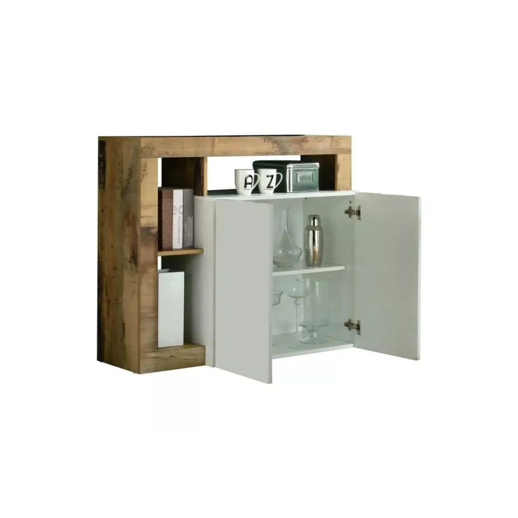 Buffet 2 porte collezione BURA, colore bianco lucido laccato e rovere chiaro
