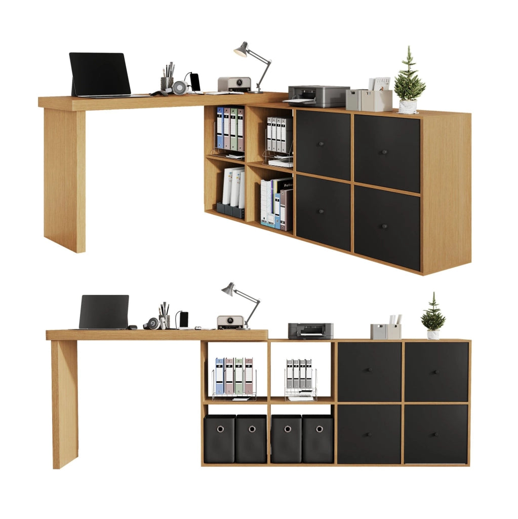 Scrivania angolare girevole 360° in MDF; 120x48x78 cm + 140x35x74 cm; nero e rovere