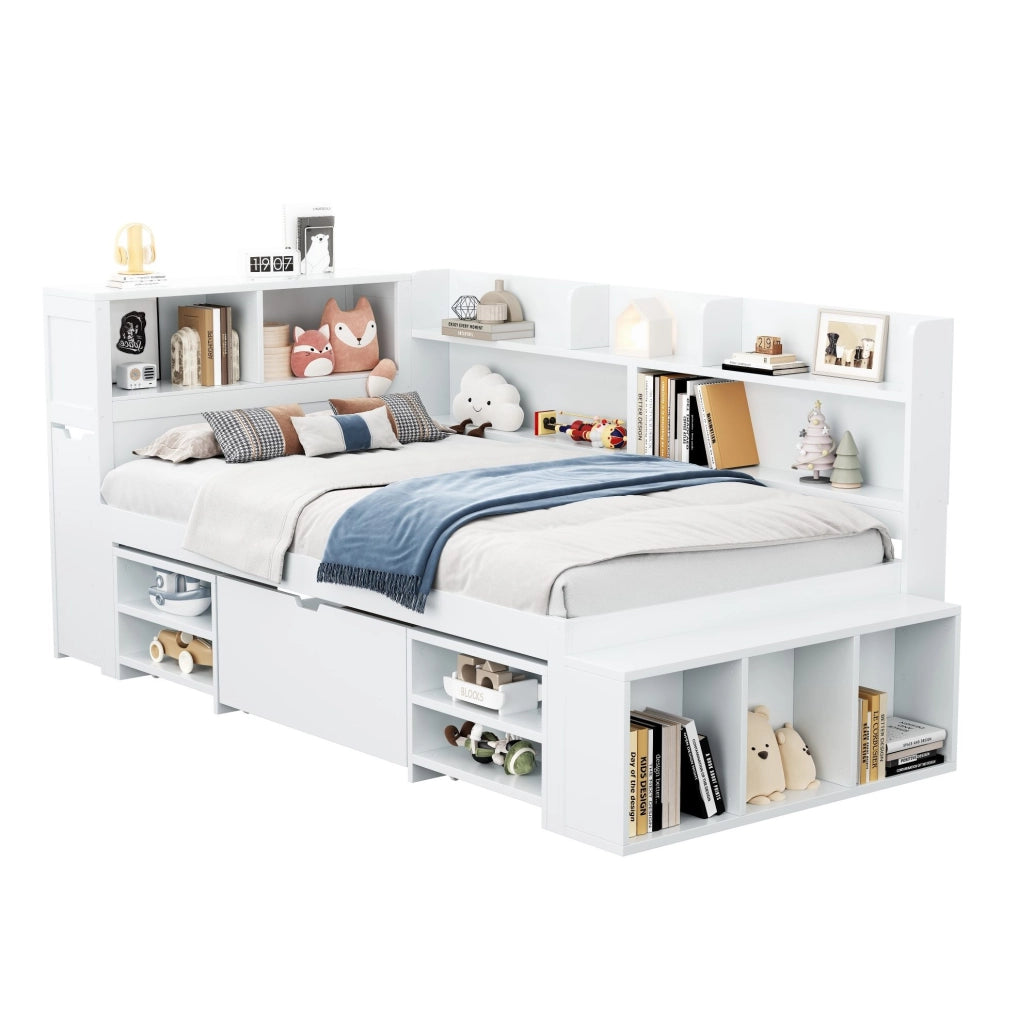 Letto per bambini 90x200 cm multifunzione con ripiani e cassetti; compensato bianco (Senza materasso)