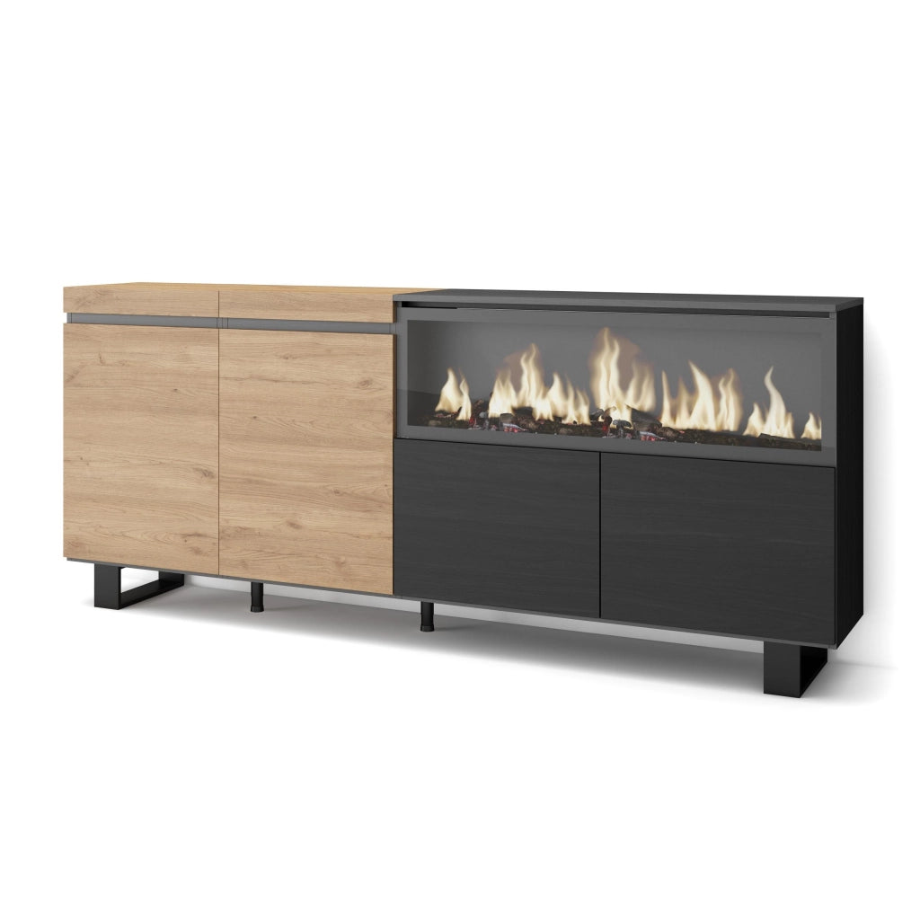 Credenza, Mobile, 208x35x87cm, 4 Porte, Camino elettrico XXL, Design industriale, colore Rovere e nero RF3224
