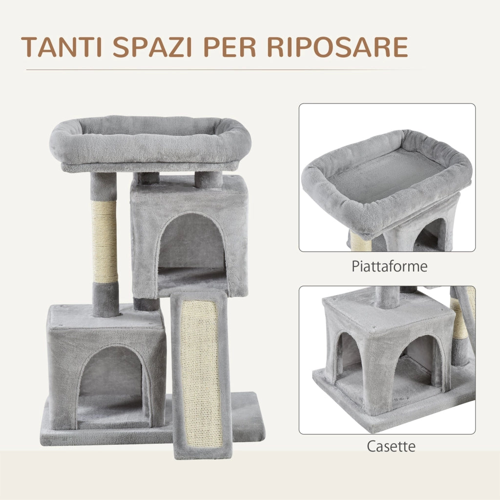 Albero Tiragraffi con Lettino e 2 Casette 59x39x83 cm Pali in Sisal Grigio