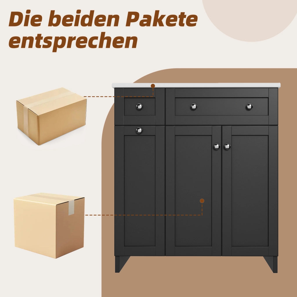 Mobile sottolavabo da bagno con lavabo in ceramica, 3 cassetti e 1 anta, MDF verniciato, nero, 76 × 47 × 86 cm