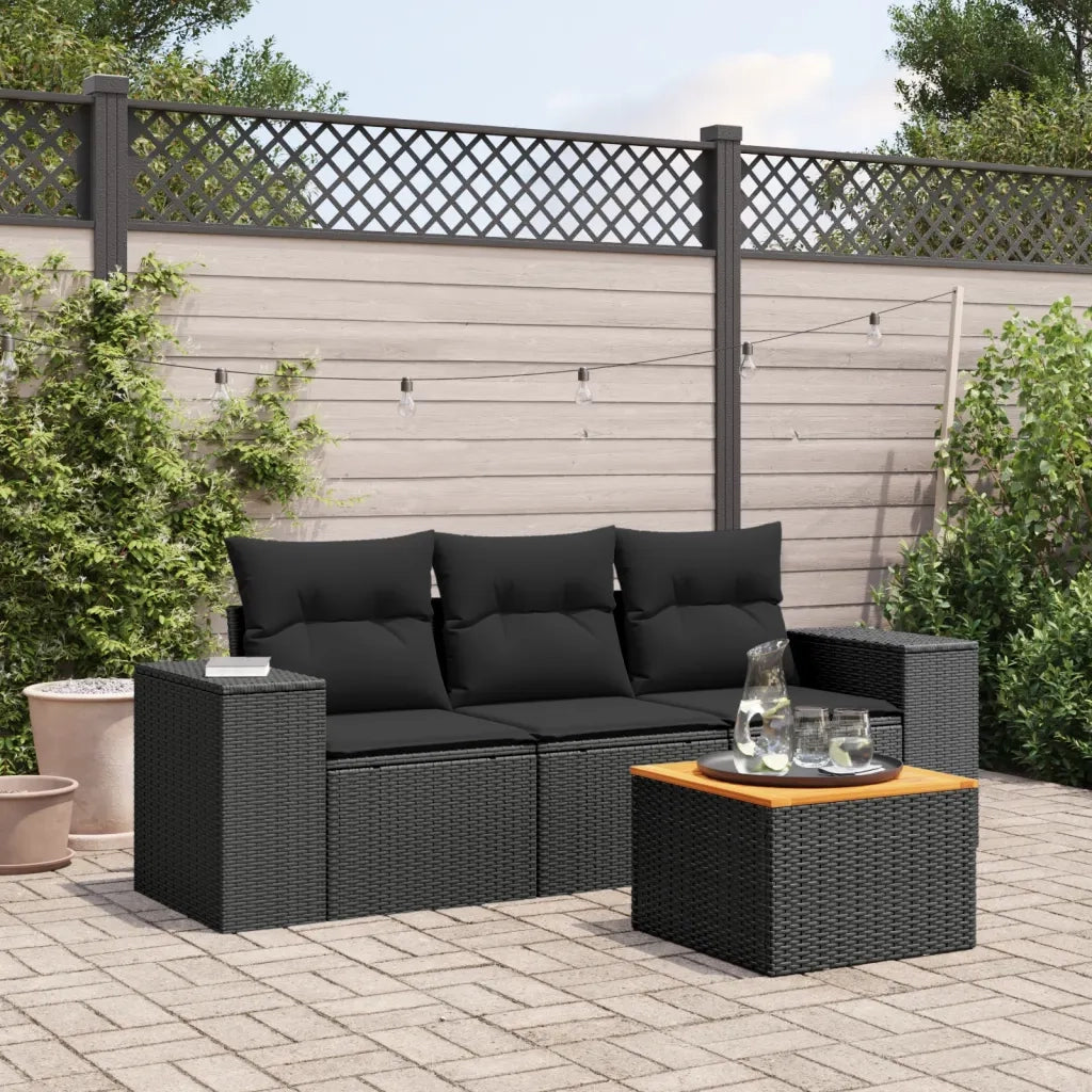Set Divani da Giardino 4 pz | Set Salotto da Giardino con Cuscini Nero in Polyrattan