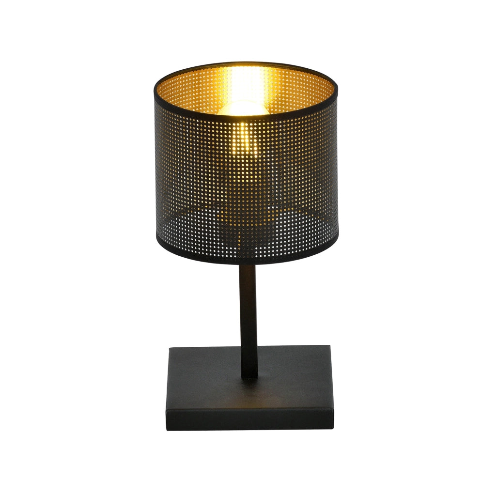 Lampada Da Tavolo 1 Luce Cigno In Acciaio Nero E Paralume A Cilindro Oro