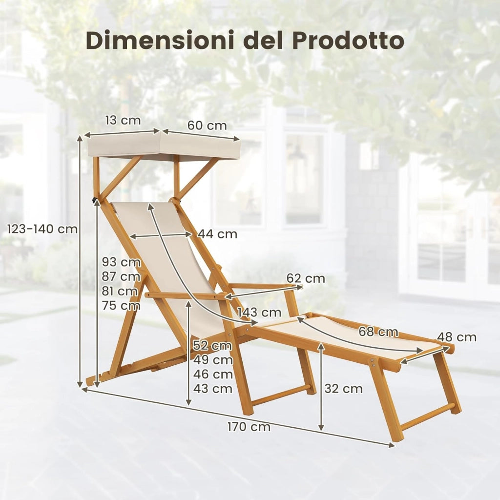 Sedia a Sdraio in Legno di Betulla, Lettino Prendisole da Giardino, Sedia da Spiaggia Pieghevole con Cappottina Regolabile e Rimovibile, Schienale Reclinabile e Poggiapiedi, Portata 100 kg