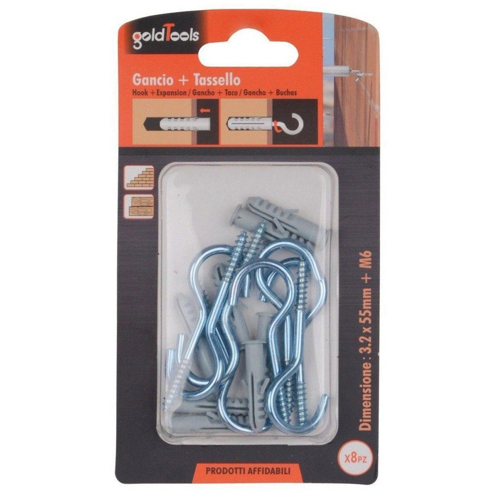 Trade Shop - Set 8 Pezzi Viti Vite A Gancio 3.2x55 Mm + Tasselli Con Alette Tassello M6 90738 -