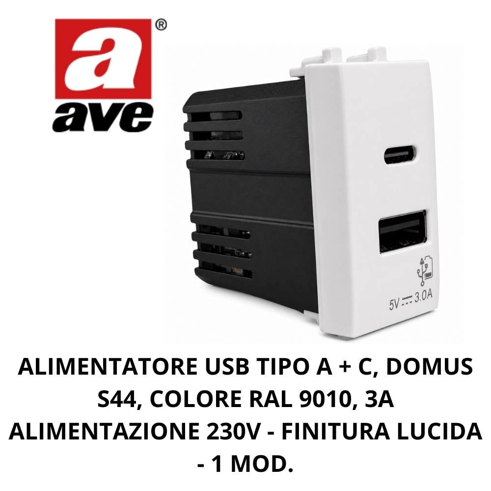Alimentatore usb ave domus 441082usbac ricarica rapida 3a bianco