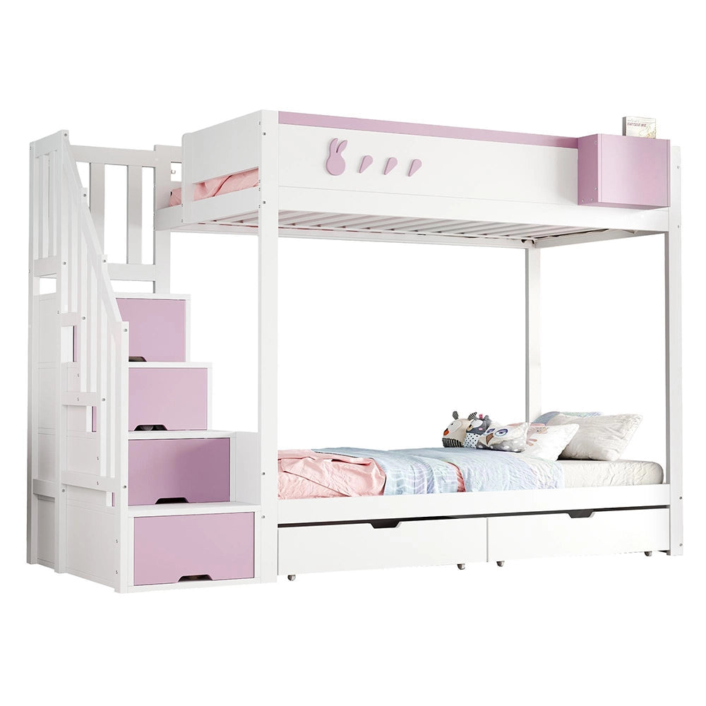 Letto a castello-Xylo-90x200cm, motivo conigli, cassetti, bianco+rosa
