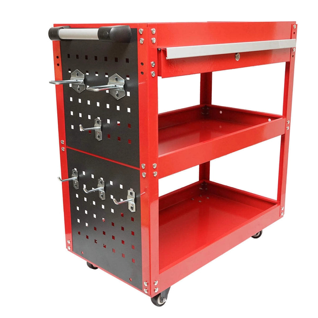Carrello metallico su ruote con 3 ripiani, supporti e cassetto per attrezzi 660x360x730mm.