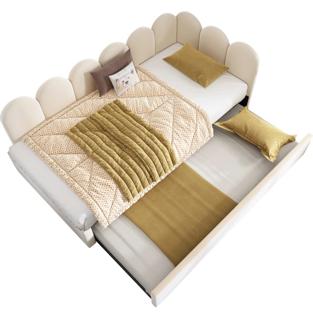 Letto a Divanetto 90x200 cm e 90x190 cm; Letto Estraibile con Rotelle - Velluto - Beige