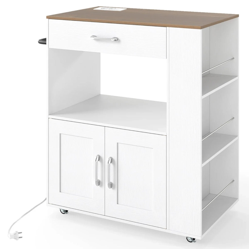 Carrello da cucina mobile 75 x 46 x 90,5 cm con contenitore integrato e stazione di ricarica in legno lavorato bianco 20_0019178