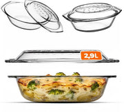 Ovenschaletto di vetro termoresistente, con coperchio e maniglie, forma classica in vetro trasparente, teglia per lasagna, set di teglie per forno (ovaletto, 2,9 L)