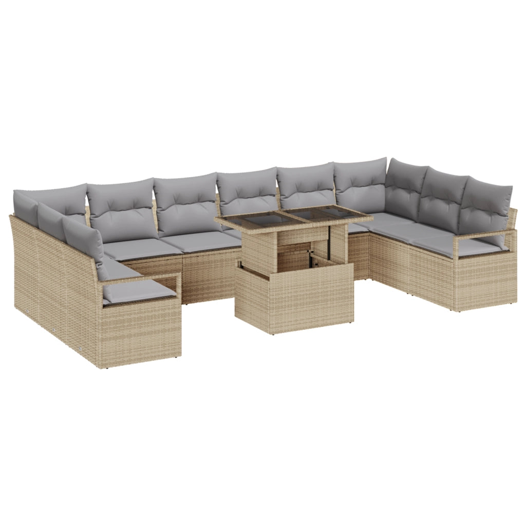 Set Divano da Giardino 11 Pezzi con Cuscini Rattan Poliestere Beige
