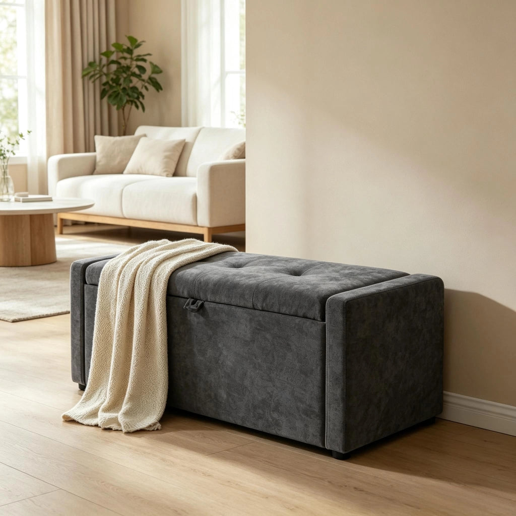 PANCA CONTENITORE 122 cm Tessuto Grigio Scuro con seduta imbottita