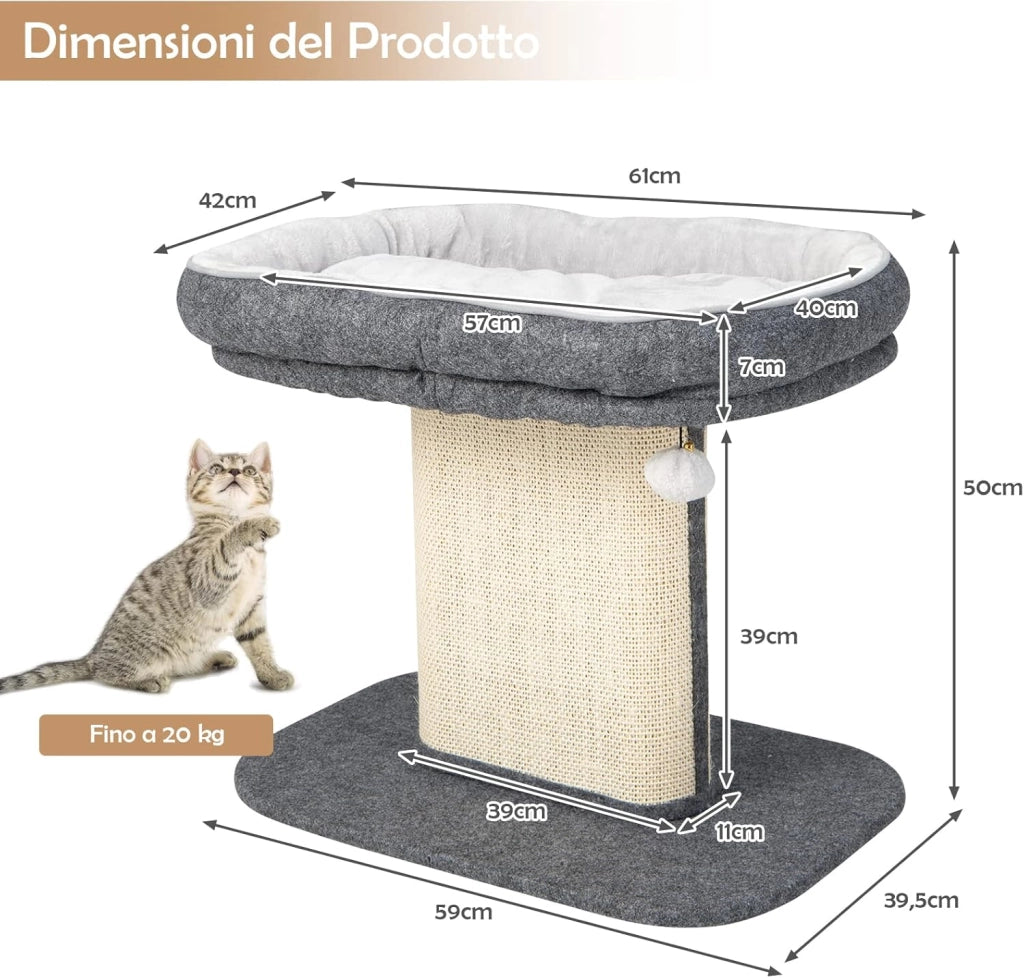 Tiragraffi per Gatti, Albero Tiragraffi Gatto con Grande Cuccia in Peluche e Tiragraffi in Sisal e Palla, Tiragraffi da Divano in Legno per Gatti Piccoli, Portata 20 kg (Grigio)