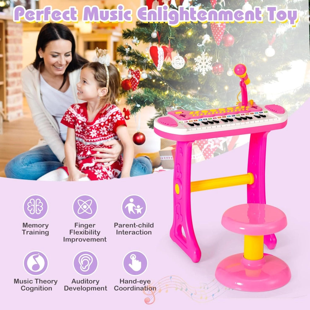 Pianola Bambini Musicale Tastiera, Tastiera Digitale a 31 Tasti, Mini Tastiera per Bambini con Effetti Luminosi e Microfono, Strumenti Musicali con Sgabello, 22 Battiti/8 Toni/7 Ritmi (Rosa)