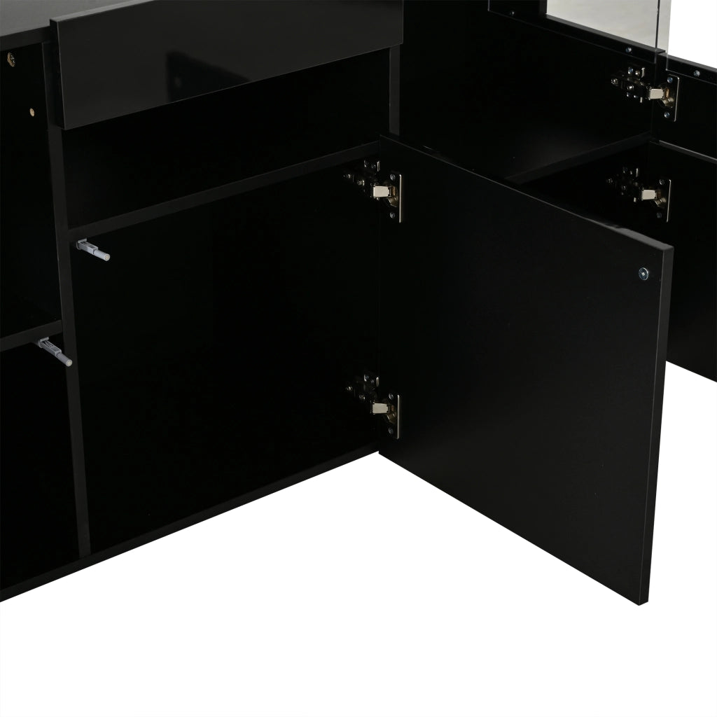 Credenza moderna nera con 3 ante, LED con app, finitura lucida e 7 vani