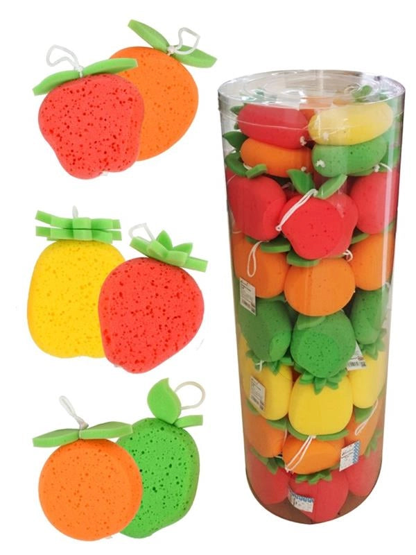 MAURY'S UNA SPUGNA DA BAGNO A FORMA DI FRUTTA  MORBIDA PER IL CORPO CON GANCIO PER APPENDERLA NELLA DOCCIA - ASSORTITA