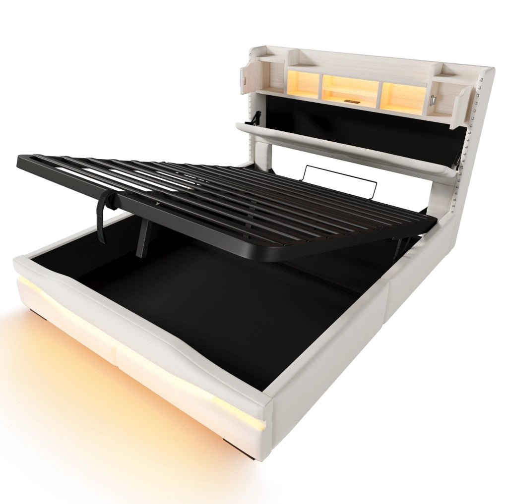Letto imbottito 160x200 cm con contenitore idraulico; LED e porte USB; beige