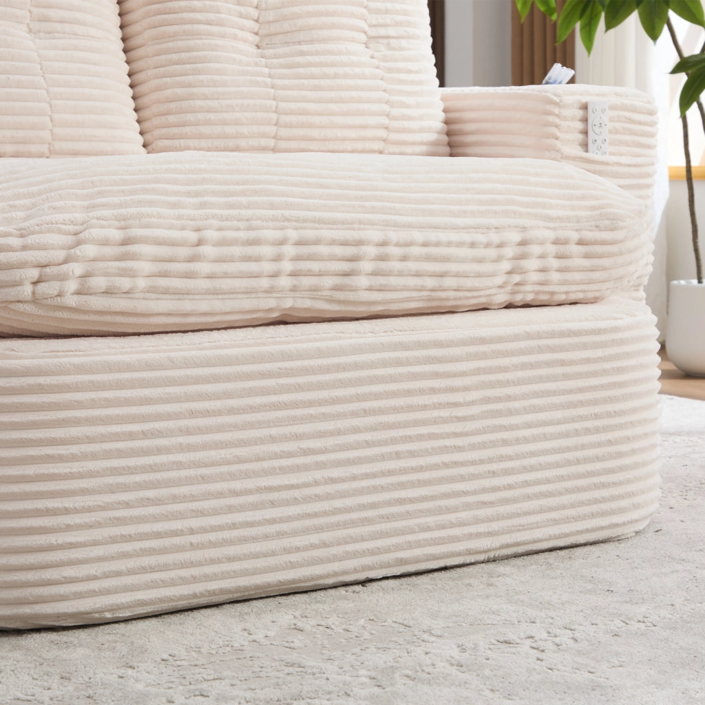 Poltrona letto 2 in 1 in corduroy beige, con funzione relax, doppio portabicchieri e tasche laterali