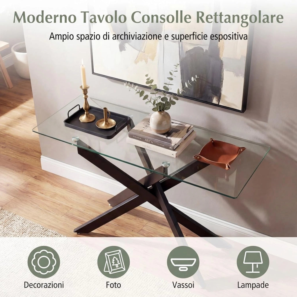 Consolle Ingresso in Vetro Temperato, Tavolo d'Ingresso con Gambe Incrociate in Metallo Placcato e Piedini Regolabili Antiscivolo, Tavolo per Corridoio, Entrata e Salotto (Nero)
