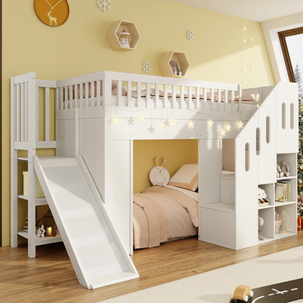 Letto a soppalco per bambini 90x200 cm con scivolo; scala contenitore e LED; bianco