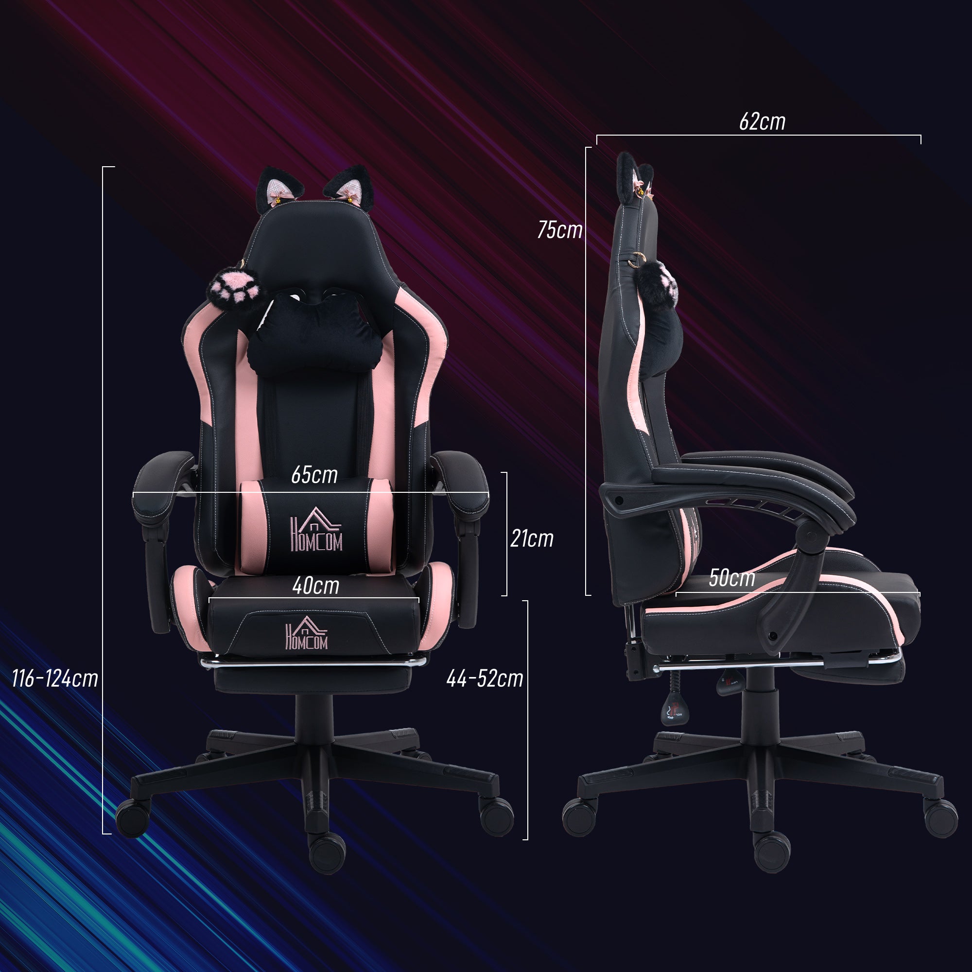 Sedia da Gaming Ergonomica con Orecchie da Gatto Poggiapiedi Retrattile e Schienale Reclinabile 135° Rosa e Nero