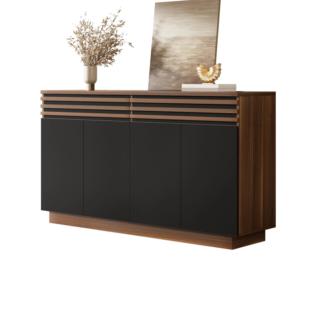 Credenza moderna in MDF 150 x 40 x 85 cm; effetto legno marrone e ante nere